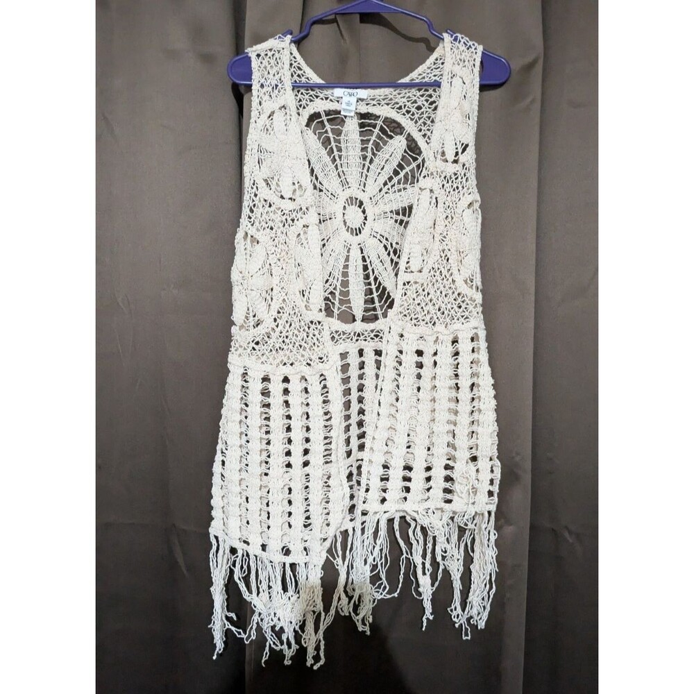 Women's Crochet Cardigan Tunic Vest Open Knit Boho Hippie Festival M